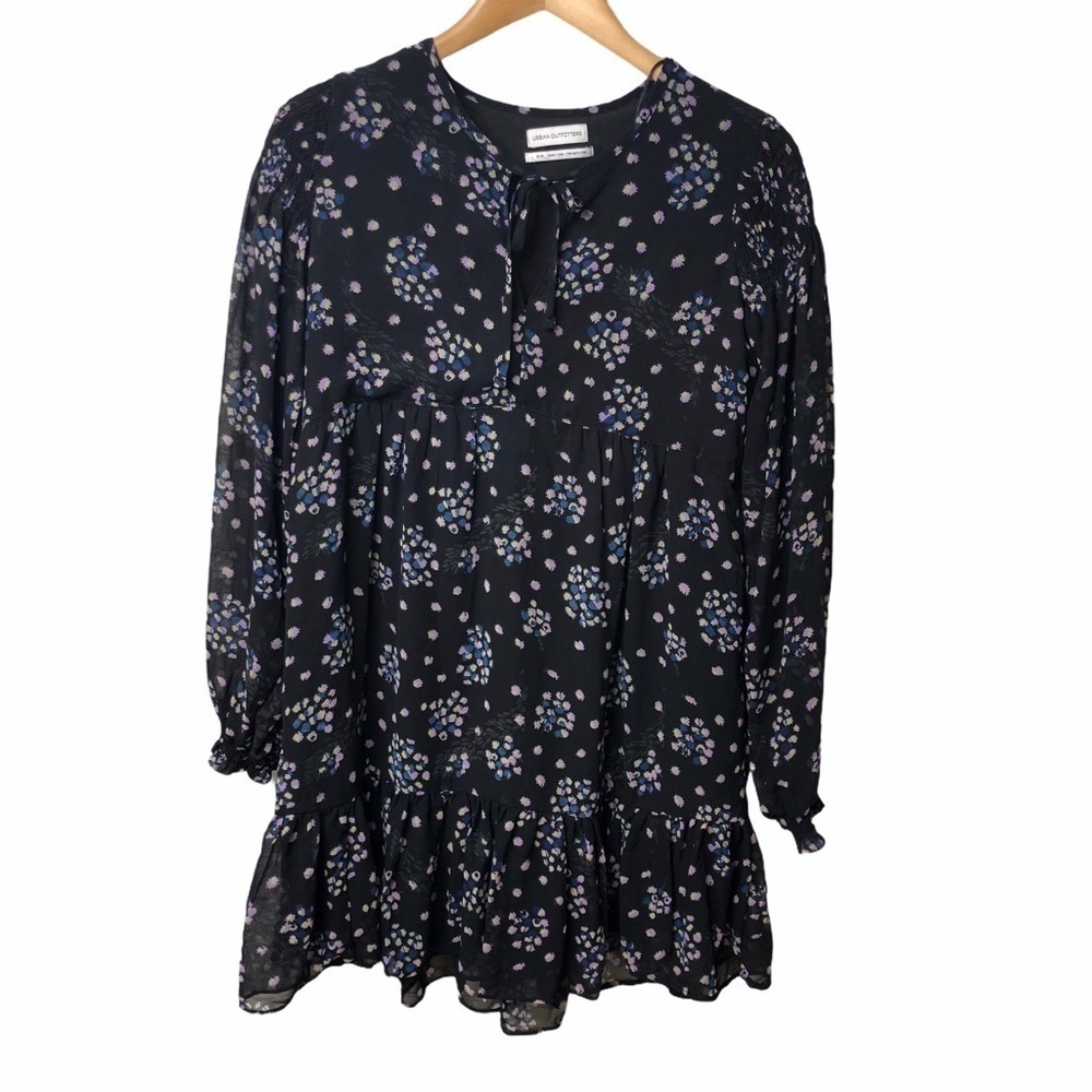 Urban Outfitters Floral Print Ruffled Dress Long Sleeve Black Size Medium
